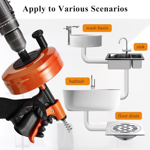 Image of 50 FT Drain Snake Auto-Feed Drill Attachment Plumbing Auger | 50 FT Drain Snake Auger, Auto-Feed & Drill-Powered, Heavy Duty Steel Cable, Gloves & Hair Removers