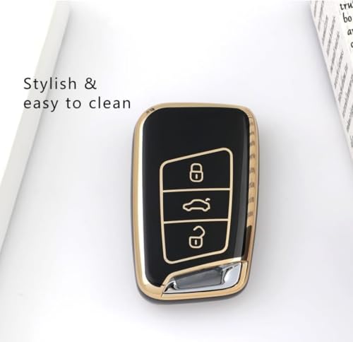 Image of TPU Car Key Cover Black & Golden Compatible for Skoda Kodiaq, Superb, Octavia, Karoq (Skoda, 3 Button Push Smart Key)