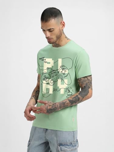 Image of Veirdo Regular Fit Half Sleeves Round Neck Typographic Printed Pure Cotton T-Shirt for Men (Available Colors: Black, Navy, Swan White, & White) (Sizes: S to 2XL)