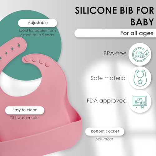 Image of Silicone Baby Feeding Set 6 Pieces with Suction Plate, Bowl, Adjustable Bib, Straw Cup, Spoon & Fork, BPA Free Baby Led Weaning Essentials - Pink
