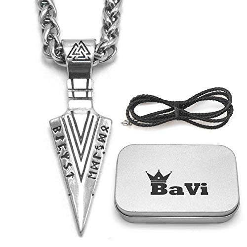 BAVIPOWER Runic Odin's Gungnir Spear Head Pendant Necklace 316L Stainless Steel Nordic Scandinavian Viking Men Jewelry (Keel chain, 20)