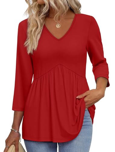 Image of OFEEFAN 3 /4 Length Sleeve Womens Tops 2026 Blouses for Women Dressy Casual Fashion Clothing V Neck Babydoll Tops Fall Outfits