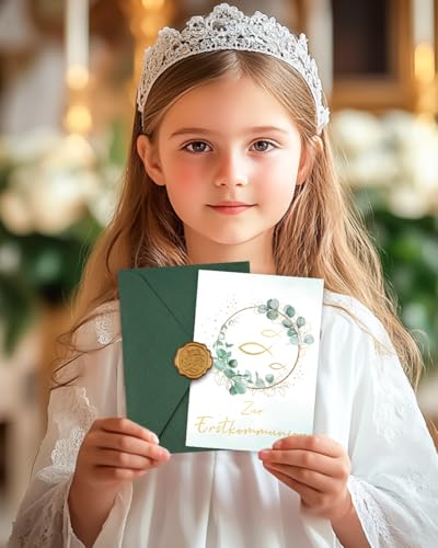 Erstkommunion Karte, Eukalyptus Kommunionkarten Set Glückwunsch mit Umschlag und Wachssiegel, Karte Kommunion Mädchen Junge - Zur Erstkommunion