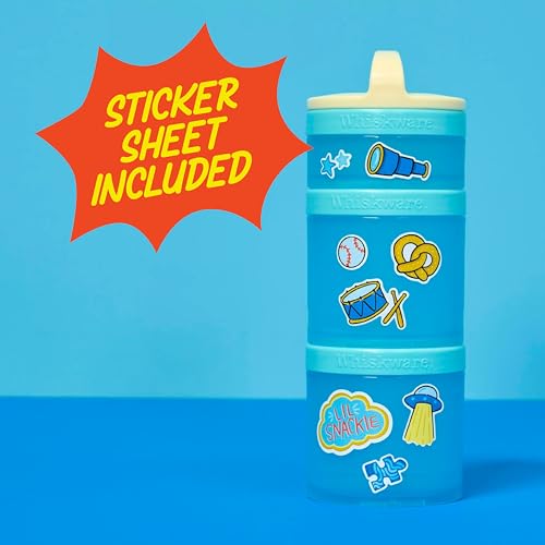 Image of Whiskware Stackable Snack Containers for Kids and Toddlers, 3 Stackable Snack Cups for School and Travel, Tan /Blue /Blue