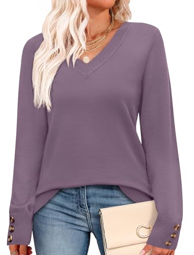 Image of WIHOLL Lightweight Sweaters for Women Long Sleeve V Neck Knit Outfits with Decorative Buttons