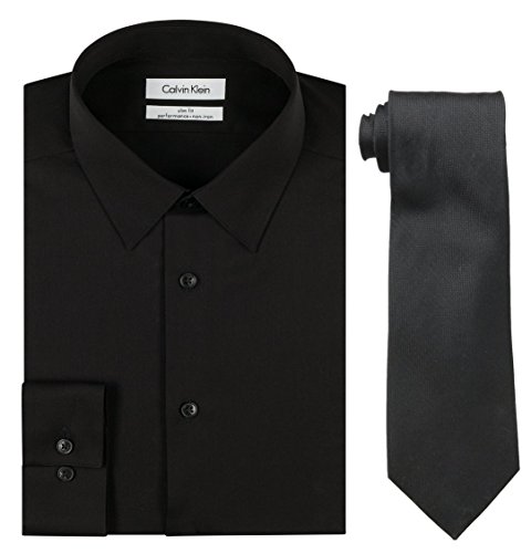 Calvin Klein Men's Slim Fit Herringbone Dress Shirt and Silver Spun Tie Combo, Black/Black, 15.5