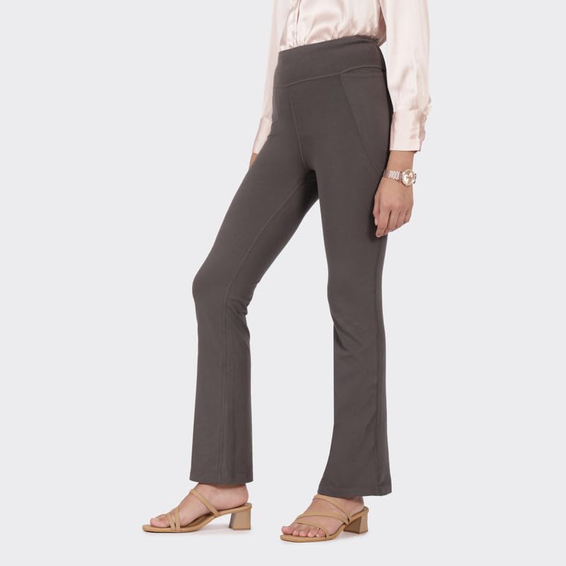 Image of Blissclub AM:PM Cotton Flare Pants for Women Above 5'5 ft Tall | Wide Waistband, 4 Pockets | Bell Bottom Pants and high Waist Trousers for Office wear