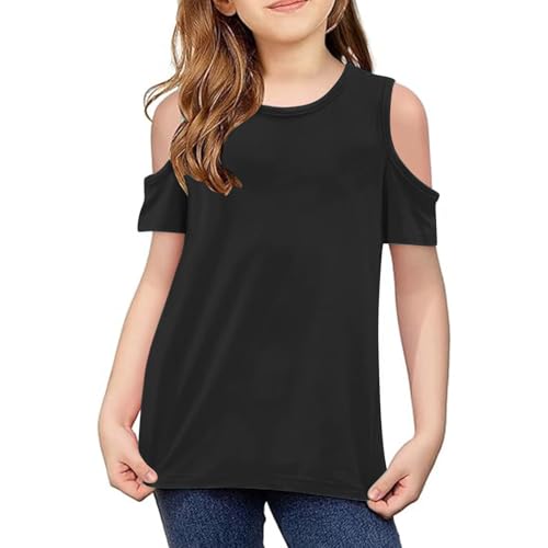 Girls Short Sleeve Shirts Kids Crew Neck Cold Shoulder Cute Casual Tops Summer Fashion Tunic Tops 3-14 Years, 01-Black, 13 Years2