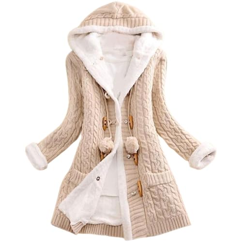 Winter Frauen Pullover Mantel Kausale Einreiher Mit Kapuze Gestrickt, Bege, 4XL