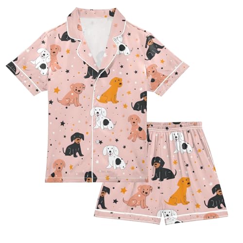 ALAZA Cute Dachshund Dog Star Pajamas Satin Pajama Set Short Sleeve Button Down Sleepwear