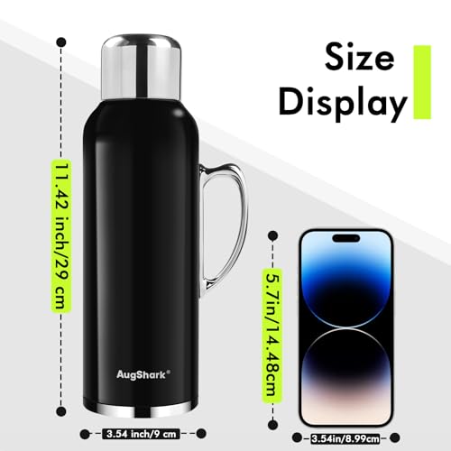 Image of 34 oz Black Insulated Water Bottle, Vacuum Stainless Steel Water Flask Jug with Handle & Metal Mechanical Temperature Measuring Cup Lid, Leakproof Travel Bottle Keep Cold 36h Hot 24h