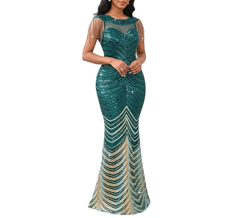 Image of Cololura Women Sexy Sequin Mesh Perspective Bodycon Party Cocktail Evening Gown Maxi Dress