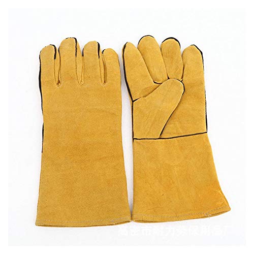 1Pair Work Safety Protective Gloves Anti-Cut Cowhide Welding Gloves Fire High Temperature Kitchen Wear-Resistant Microwave Oven Color Yellow Size XL