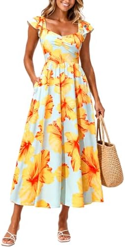 materasu Women Floral Print Midi Dress with Pocket Square Neck Ruffle Sleeve Casual Summer Dress, Floral Yellow, S