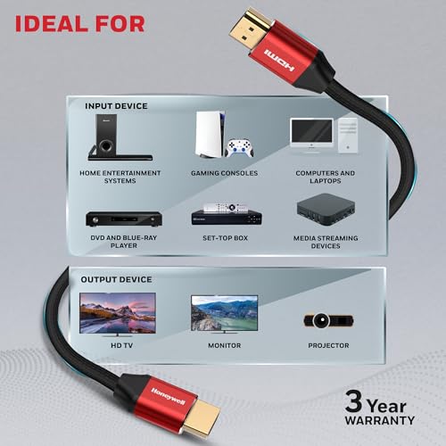 Image of Honeywell HDMI Cable 2.1 with Ethernet, 8k@60Hz, 4k@120Hz UHD Resolution, 1 Mtr(3.3ft), 48 GBPS Transmission Ultra High Speed, Dolby DTS, eARC, 3D,Male-to-Male,Compatible with all HDMI-Enabled Devices