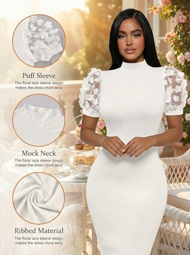 Image of Annystore Women's Mesh See Through Sheer Dress Short Puff Sleeve Bodycon Dress Mock Neck Sexy Club Party Midi Dress Clubwear