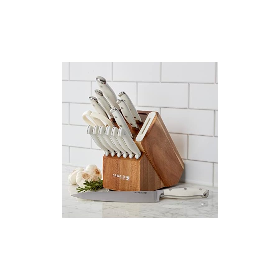 Sabatier 15-Piece Forged Triple Rivet Knife Block Set with Built-in Sharpener, High-Carbon Stainless Steel Kitchen Knives, Razor-Sharp Knife set with Acacia Block and Edgekeeper Technology, White