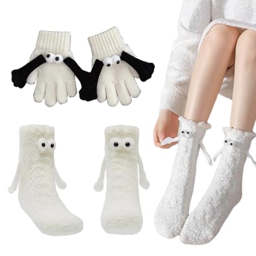 WeddHuis 1 Paar Calcetines Magnéticos para Parejas con Las Manos, Divertidos Calcetines Magnéticos con Succión en 3D para Muñecas, Calcetines de Tubo Medio,Incluye un par de guantes de mano