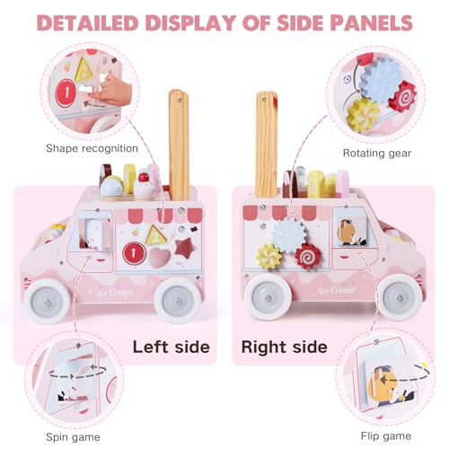 labebe Wooden Baby Walker, Push Activity Walker for Kids 12M+, Multifunctional Ice Cream Cart Activity, Adjustable Speed Learning Walking with Wheels, Birthday Gift for Girls Boys Ages 1-3 (Pink)