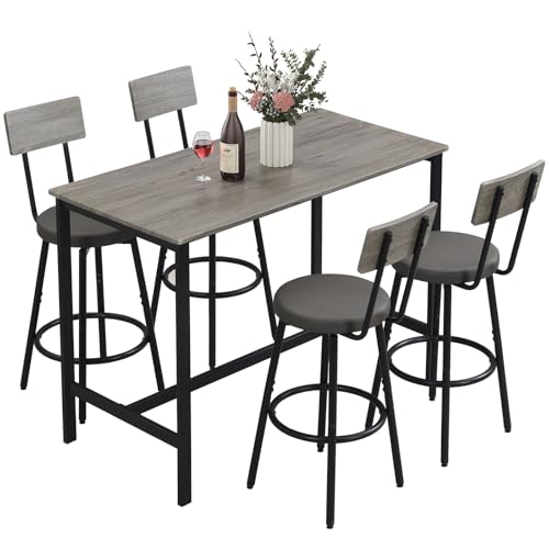 Zevemomo Dining Table Set for 4, 5-Piece Bar Table Set, Kitchen Table and Chairs, Counter Height High Top Table with 4 PU Upholstered Stools, Space-Saving Pub Table Sets for Small Space, Gray