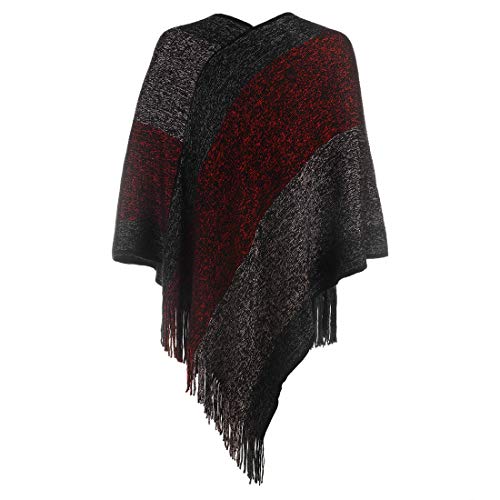 Image of Women's Elegant Knitted Shawl Poncho with Fringed V-Neck Striped Sweater Pullover Cape Gifts for Women Mom