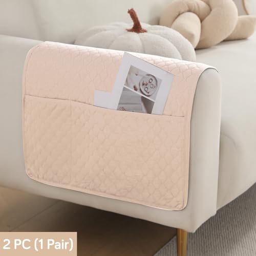Image of HOKIPO Polyester Quilted Sofa Arm Cover With Pockets, Beige, Pack Of 2 (1 Pair) (In-787-Bge*2)