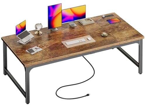 Image of Huuger 63 x 31.5 inch Desk with Power Outlets & USB-C, 0.95 Inch Thicker Desktop, Robust Metal Tubes, Deep Computer Desk, Heavy Duty Office Desk, for Home Office, Rustic Brown
