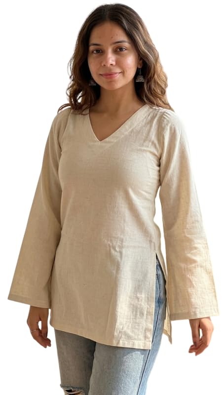 Image of Cotton Short Kurti for Women | Full Sleeves Kurti | Ethnic Kurta for Girls | Casual Shirt for Girl | V Neck Top for Women | Casual and Ethenic Wear | Beige