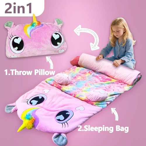 Image of Kids Sleeping Bag, Large Unicorn Slumber Bag for Girls Boys, Portable Nap Mat, Preschool Daycare Kindergarten Birthday Gift 3-12 Yr Child
