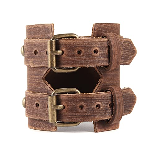 Hzman Brown Leather Cuff Bracelet For Men Large Metal Copper Ring Genuine Leather Bracelet Adjustable Wristband 8.5" - 10.5" #TOP4