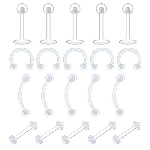 Funseedrr Claro 16G Acr�lico Labio Labret Stud Nariz Tragus Piercing Anillo Retenedor Bioflex Multi-Formas 18-20 Piezas