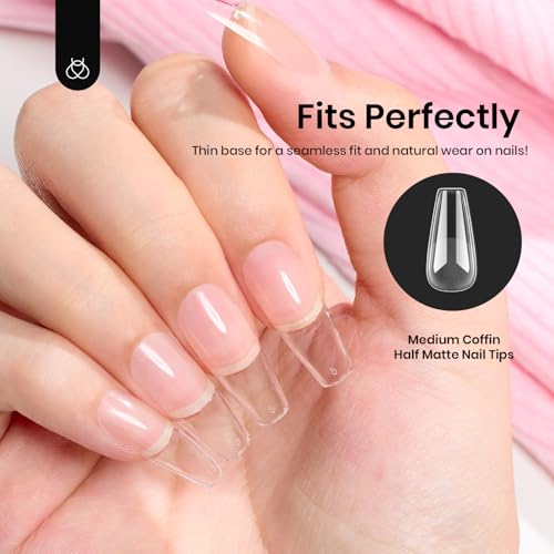 Image of Beetles Gel Nail Tips Medium Coffin 576PCS Etch X Nail Tips, 12 Sizes Pre Shaped Half Matte Press On Nails Full Cover False Nails Acrylic Nails Glue on Nails Extensions Set for Women Home DIY