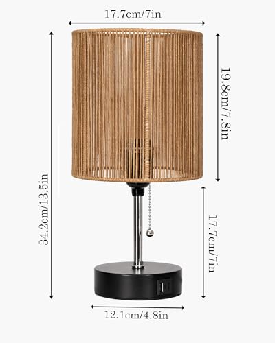 Image of Homesake Bedside Lamp for Bedroom Nightstand Table Light with USB A | C Charging Port, Desk Lamp, Pull Chain Light, Side Table Desk Reading Lamp, Living Room Gift, (Raffia Cane)