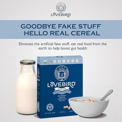 Lovebird Organic Gluten Free Cereal, Unsweetened Flavor – Prebiotic Fiber, Gut Health, Low Sugar, Grain Free, Breakfast or Snack – Healthy Cereal Made With Real Food, 3 Pack, Kids & Adults