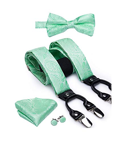 Image of Dubulle Suspender and Bow Tie for Men Paisley Solid Mens Suit Braces Pretied Bowtie and Handkerchief Cufflinks Formal Wedding