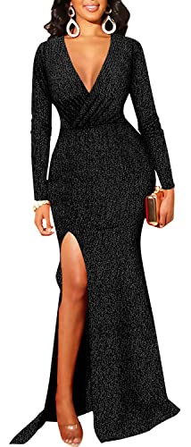 Women's Sexy Long Sleeve Sparkly Maxi Dress V Neck High Slit Wrap Formal Gown Cocktail Glitter Maxi Long Dresses