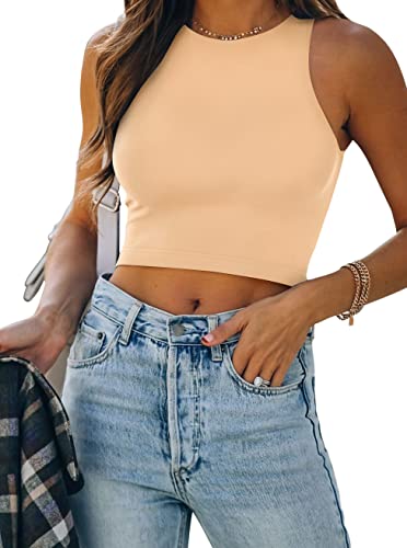 Women’s Sexy Sleeveless High Neck Racerback Cropped Tank Tops Cute Teen Girls Halter Neck Crop Tops Vest Nude Medium #TOP24