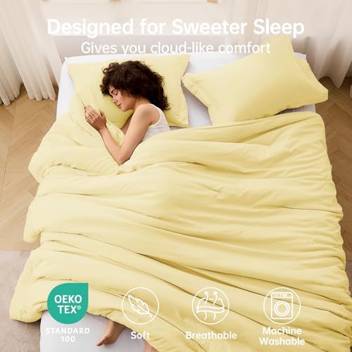 Image of MUXHOMO Oversized King Comforter Set, Lightweight Down Alternative Bed Set | All Season 3 Piece Bedding Set,Ultra Soft Down Alternative,Includes 1 Comforter 120x98 and 2 Pillow Shams 20x36,Cream Yellow