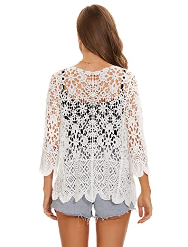 Women's Cotton Casual Floral Lace Crochet 3/4 Sleeve Cardigan Boho Cover Up3