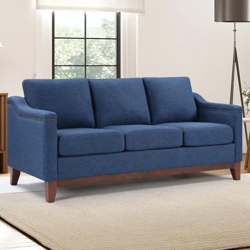 Image of HAOMARKETS Classic 3-Seater Sofa with Nailhead Trim, High-Density Foam Cushions & Sturdy Solid Wood Legs, Soft Fabric Couch for Living Room, Blue