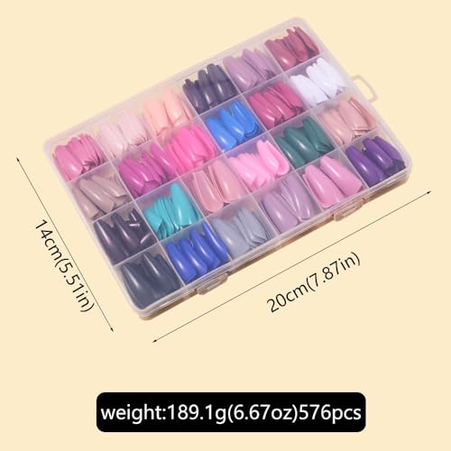 Image of 576Pcs Long Coffin Press on Nails 24 Solid Color Stick on Nails Glossy False Nail Colorful Full Cover Glue on Nail Set for Women Nail Tip DIY