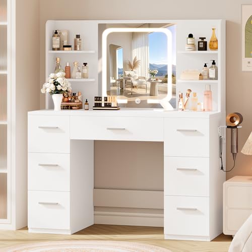 LIVELYGLOW White Large Makeup Vanity Desk with Smart LED Mirror & Power Station, 43' Professional...
