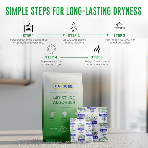 Image of DAVSORB Moisture Absorber-Prevent Fungus, Dampness & Musty Odour - (Approx 5 gm x 40 Packets), White Color