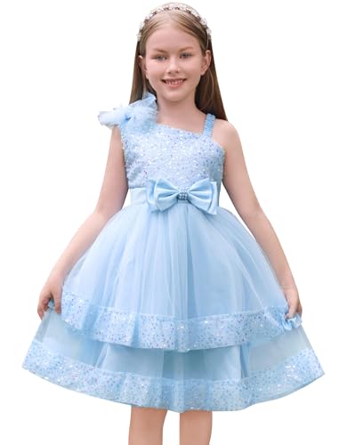 AWIBMK Kids Baby Girls Bowknot Sequin Tulle Dress Tiered Tutu Flower Girl Birthday Wedding Party Pageant Dresses Blue 3-4 Years