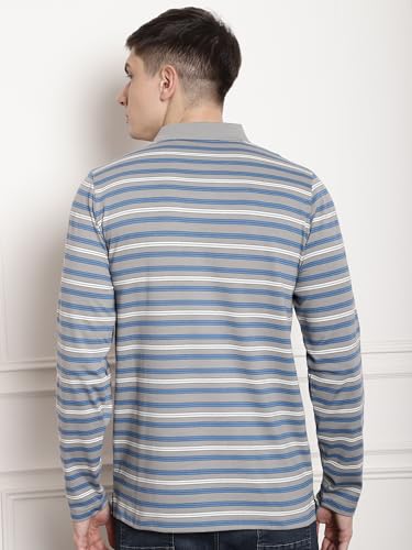 Image of Men's Cotton Full-Sleeve Polo Collar Striped T-Shirt