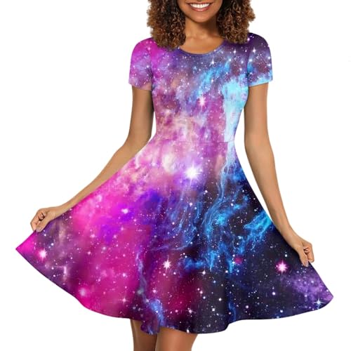 Image of Forchrinse Galaxy Purple Nebula Universal Dress for Women Novelty Galaxy Summer Dress Short Sleeve Sexy Dress Midi Tank Dress Elegant Flowy Swing Sundress,S-4XL, X-Large