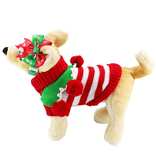 Adorable Cute Striped Festive Holiday Christmas Pet Dog Cat Sweater With Balls Collar And Adjustable Bow Tie Collar Or Headband (S, Red And White Stripes) #TOP1