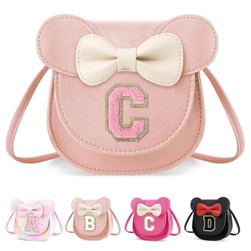 XSUIOY Toddler Purse Girl Wallet for Kids 2-9 Year Old Birthday Gifts,Cute Mouse Ear Bow Crossbody Shoulder Purses,Personalized Initial Purse Toddler Wallet Gifts for Little Girl(pink-C)