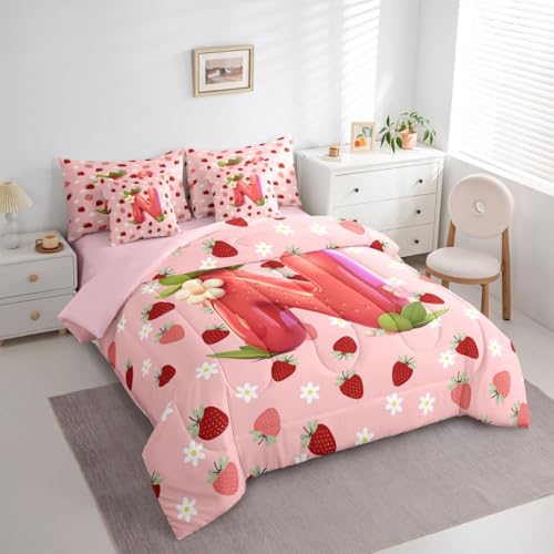 Image of Feelyou Girls Cute Strawberry Queen Comforter Set with Sheets for Kids Boys Girls Pink Strawberry 7 Pieces Bedding Set Initial Letter N Bed in a Bag Room Decor Soft Lightweight Microfiber