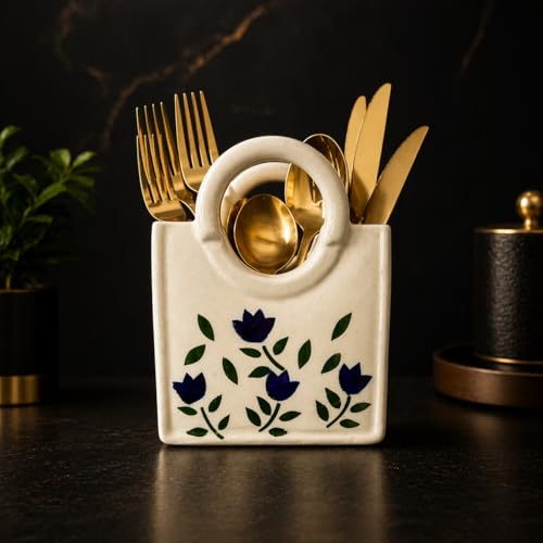 Image of Ceramic Utensil Holder with Blue Floral Pattern, White Kitchen Organiser, Cutlery Set Holder